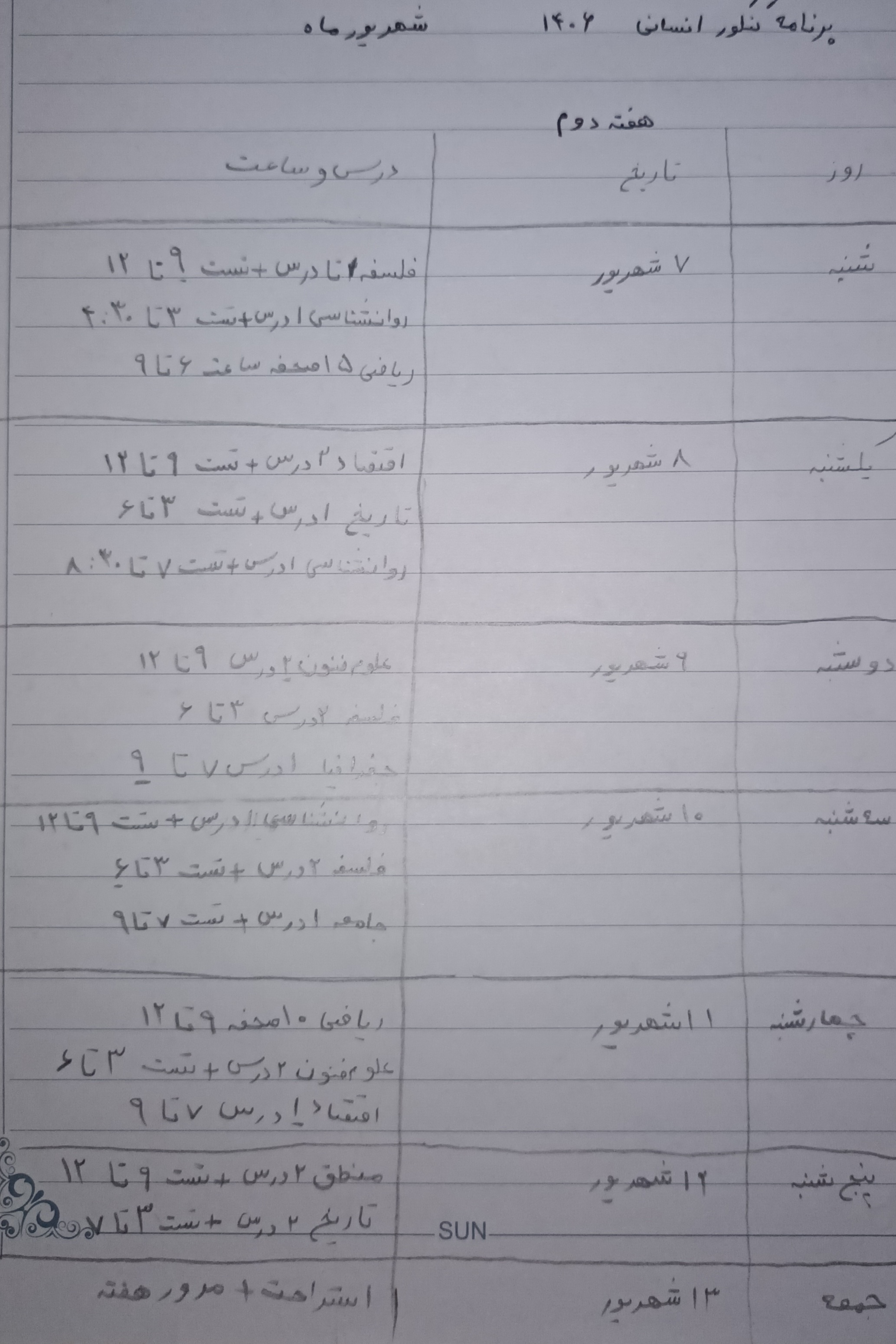 برنامه ساعت مطالعه کنکور 1406 انسانی | شهریور